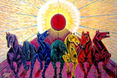 Schilderij getiteld "Chariot of Sun - [S…" door Chinmaya Br, Origineel Kunstwerk, Olie