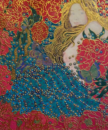 Pintura intitulada "Madame Pivoine" por Chiori Ohnaka, Obras de arte originais, Pigmentos Montado em Painel de madeira