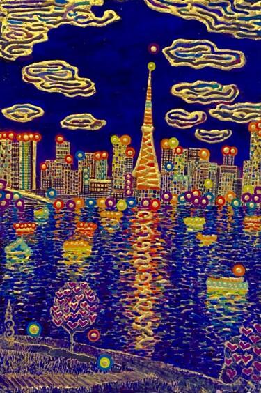 Schilderij getiteld "Rainbow Color Night" door Chiori Ohnaka, Origineel Kunstwerk, pigmenten Gemonteerd op Houten paneel