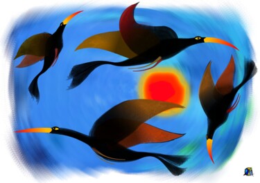 Digital Arts titled "Circle of birds" by Chris Van Moorsel, Original Artwork, Digital Painting
