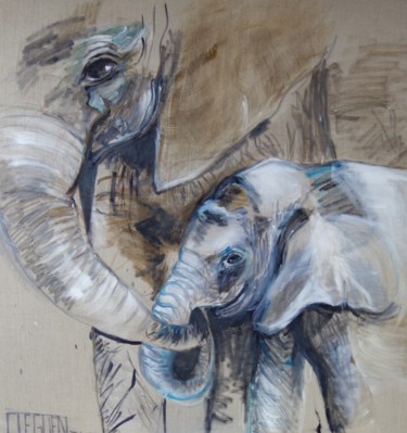 Peinture intitulée "Famille Éléphants" par Chris Le Guen Drianne, Œuvre d'art originale, Encre Monté sur Châssis en bois