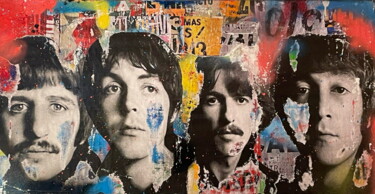 Malarstwo zatytułowany „Beatles mania” autorstwa Chris Rose, Oryginalna praca, Kolaże Zamontowany na Drewniana rama noszy