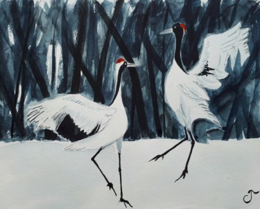 Painting titled "La danse des grues…" by Chris Texier, Original Artwork, Watercolor