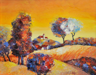 제목이 "Village des Monts d…"인 미술작품 Christine Germant로, 원작, 기름 나무 들것 프레임에 장착됨