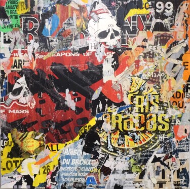 Collages getiteld "Tambours du Bronx" door Chriso, Origineel Kunstwerk, Collages Gemonteerd op Frame voor houten brancard