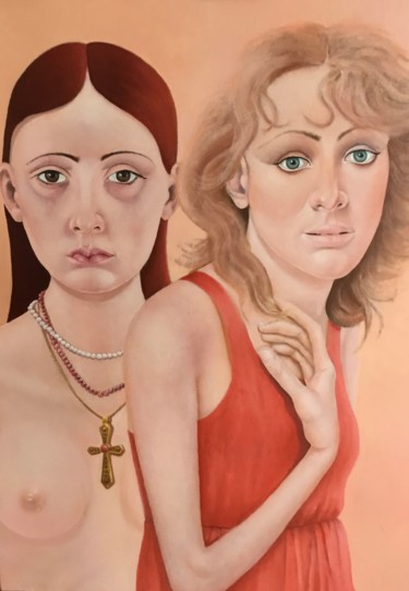 Картина под названием "2 girls, one with a…" - Christopher Skelton, Подлинное произведение искусства, Масло