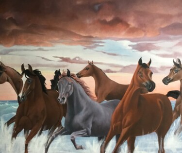Картина под названием "6 horses running in…" - Christopher Skelton, Подлинное произведение искусства, Масло Установлен на Де…