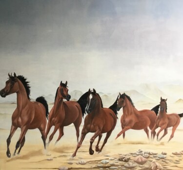 Schilderij getiteld "5 horses with the J…" door Christopher Skelton, Origineel Kunstwerk, Olie Gemonteerd op Houten paneel