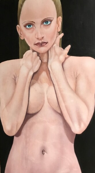Pittura intitolato "Girl with hands to…" da Christopher Skelton, Opera d'arte originale, Olio Montato su Pannello di legno