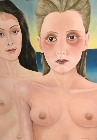 Painting titled "Two girls standing" by Christopher Skelton, Original Artwork, Oil Mounted on Wood Stretcher frame