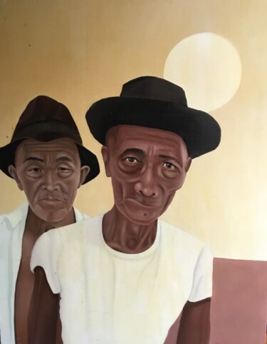 Schilderij getiteld "Two old Malay men" door Christopher Skelton, Origineel Kunstwerk, Olie
