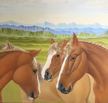 Painting titled "Four Breton horses." by Christopher Skelton, Original Artwork, Oil