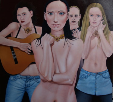 Schilderij getiteld "4 Girls, one with a…" door Christopher Skelton, Origineel Kunstwerk, Olie Gemonteerd op Houten paneel