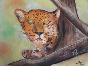 Drawing titled "La panthere" by Christel, Original Artwork, Pastel Mounted on Cardboard