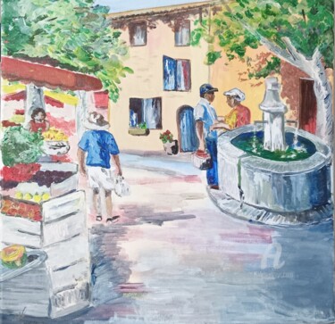 Painting titled "Le marché dans le S…" by Christel, Original Artwork, Acrylic Mounted on Wood Stretcher frame