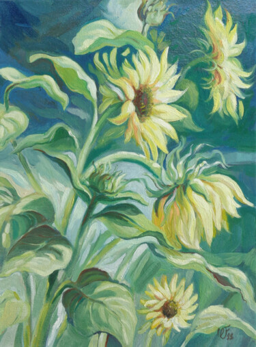 Painting titled "Tournesols du jardin" by Christel Fréon, Original Artwork, Oil Mounted on Wood Stretcher frame