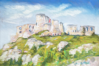 Drawing titled "Les ruines du châte…" by Christel Fréon, Original Artwork, Pastel Mounted on Cardboard