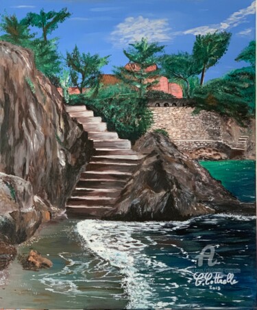 Painting titled "Bord de mer ensolei…" by Christelle Cottrelle, Original Artwork, Acrylic Mounted on Wood Stretcher frame