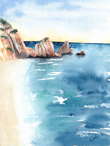 Pintura intitulada "Plage dans les fala…" por Christelle Lachambre, Obras de arte originais, Aquarela