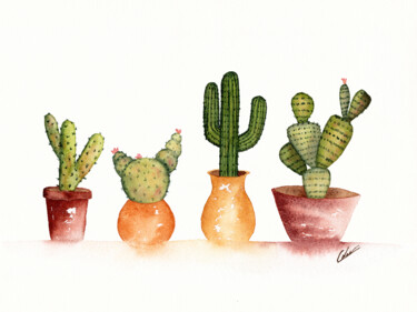 Pittura intitolato "Les 4 cactus" da Christelle Lachambre, Opera d'arte originale, Acquarello