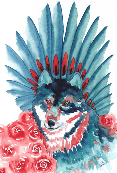 Malerei mit dem Titel "Loup, animal totem" von Christelle Lachambre, Original-Kunstwerk, Aquarell