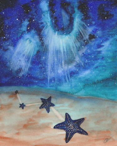 Painting titled "Galaxie sous la mer" by Christelle Lachambre, Original Artwork, Watercolor