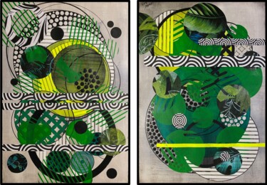 Painting titled "GREEN SHAPES DIPTYQ…" by Christelle Riffet (Céhère), Original Artwork, Acrylic