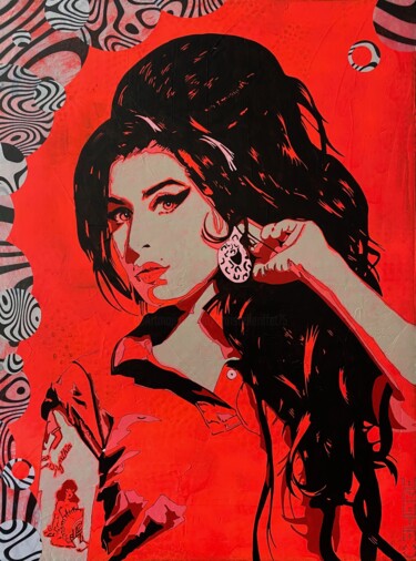 「AMY WINEHOUSE」というタイトルの絵画 Christelle Riffet (Céhère)によって, オリジナルのアートワーク, アクリル ウッドストレッチャーフレームにマウント