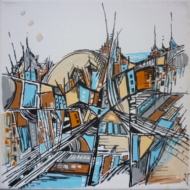 Painting titled "Bleue Barcelone 3" by Christelle Veron Cherbonnier, Original Artwork