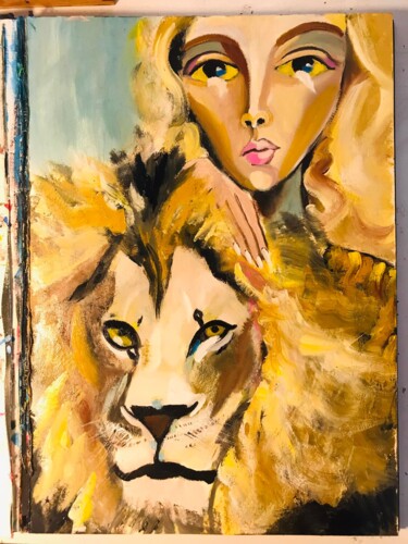 "La Femme et le Lion" başlıklı Tablo Christelle Delorme tarafından, Orijinal sanat, Petrol Diğer sert panel üzerine monte ed…