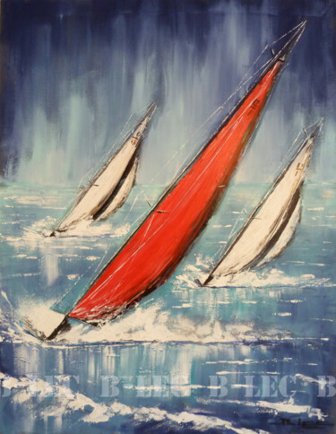 Schilderij getiteld "Bateaux dans la tou…" door B-Lec, Origineel Kunstwerk, Acryl Gemonteerd op Frame voor houten brancard