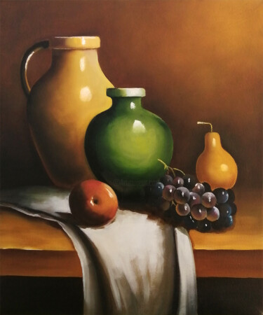 Painting titled "Nature morte 2" by Christian Bouard, Original Artwork, Oil Mounted on Wood Stretcher frame