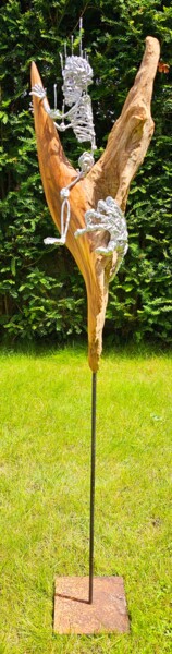 Sculpture titled "Silver bone on wood…" by Christian Koller (Artc), Original Artwork, Wire