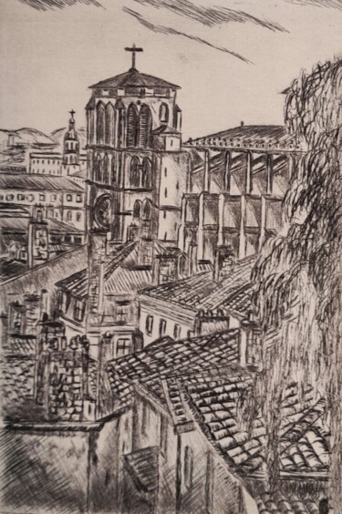 Druckgrafik mit dem Titel "Cathédrale Saint Je…" von Christian Nouyrigat, Original-Kunstwerk, Gravur