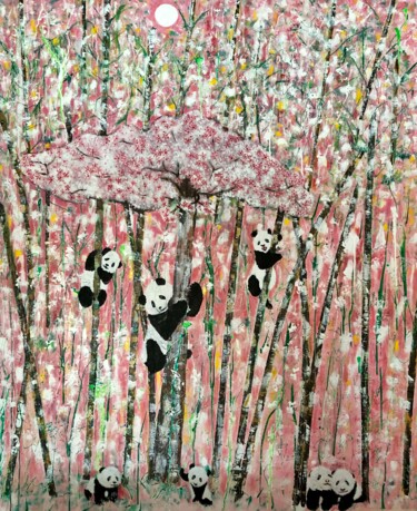 Ζωγραφική με τίτλο "Panda Paradise" από Christian Perez De Carvasal, Αυθεντικά έργα τέχνης, Λάδι Τοποθετήθηκε στο Ξύλινο φορ…