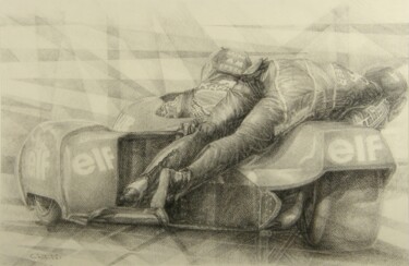 Zeichnungen mit dem Titel "sidecar speed 90" von Christian Rolland, Original-Kunstwerk, Kohle
