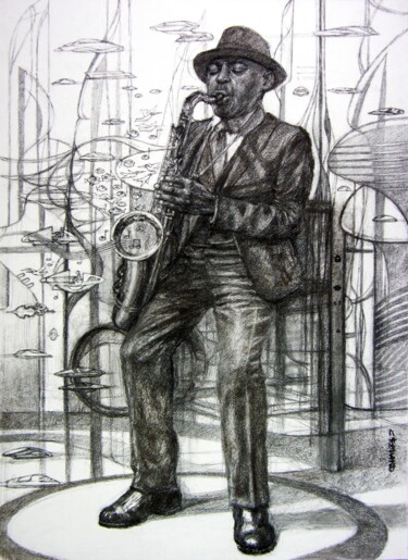 Desenho intitulada "fusain jazz 34" por Christian Rolland, Obras de arte originais, Carvão