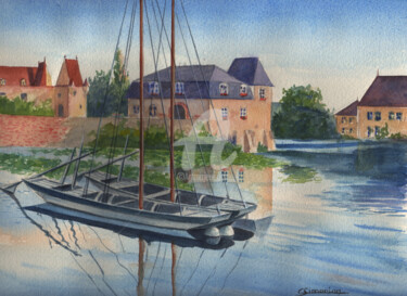 Pintura intitulada "Toues sur le Loir" por Christian Simonian, Obras de arte originais, Aquarela