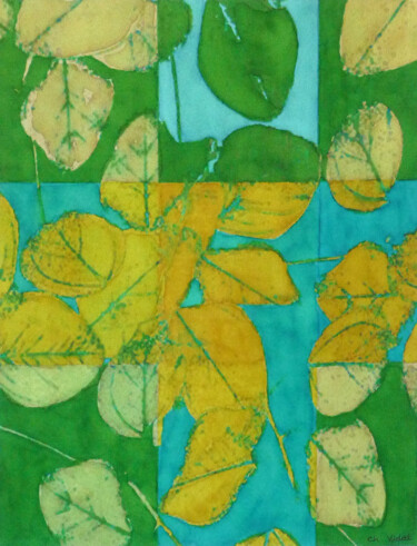 Painting titled "Feuilles d'or" by Christian Vidal, Original Artwork, Acrylic Mounted on Wood Panel