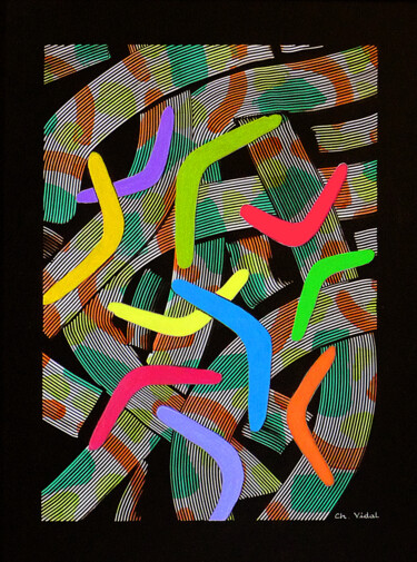 Painting titled "Boomerangs" by Christian Vidal, Original Artwork, Acrylic Mounted on Wood Panel
