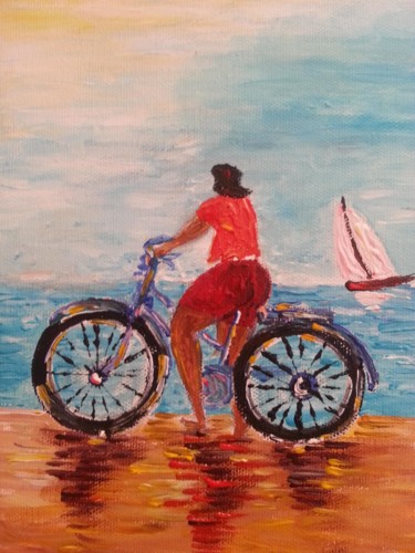 Painting titled "LA BICYCLETTE BLEUE…" by Christiane Guerry, Original Artwork, Oil
