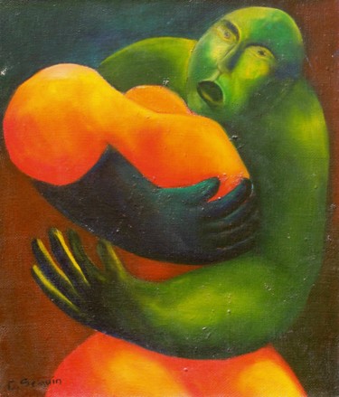 绘画 标题为“Couple rouge + vert” 由Christiane Seguin, 原创艺术品, 油 安装在木质担架架上