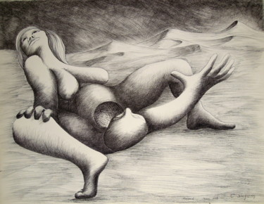 Rysunek zatytułowany „Amguid les Dunes” autorstwa Christiane Seguin, Oryginalna praca, Atrament