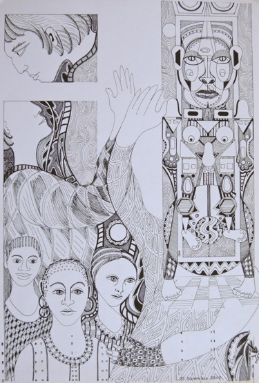 Zeichnungen mit dem Titel "Masque" von Christiane Seguin, Original-Kunstwerk, Tinte