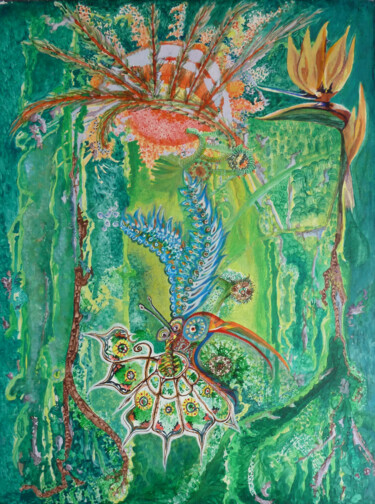 Malerei mit dem Titel "Oiseau de paradis" von Christiane Stempfer, Original-Kunstwerk, Acryl Auf Holzplatte montiert
