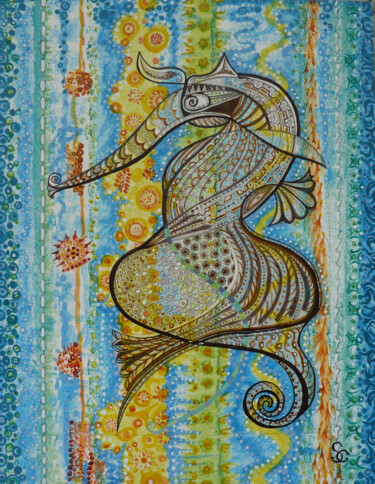 Malerei mit dem Titel "Hippocampus Abdomin…" von Christiane Stempfer, Original-Kunstwerk, Tinte Auf Holzplatte montiert