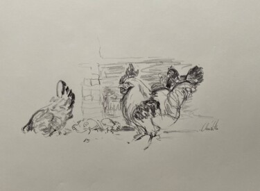 Rysunek zatytułowany „Poules Coq poussins” autorstwa Christille De Witte, Oryginalna praca, Ołówek