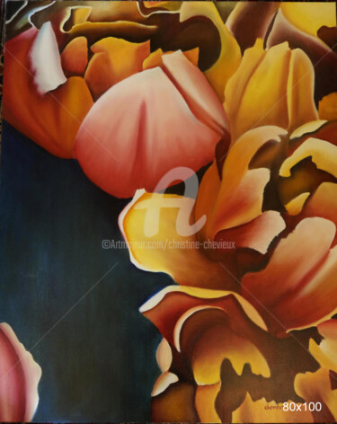 Painting titled "pivoine" by Christine Chevieux, Original Artwork, Oil Mounted on Wood Stretcher frame