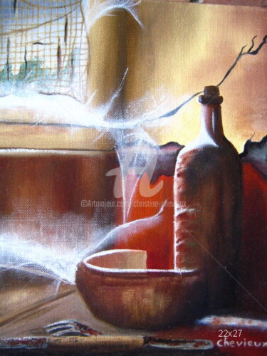 Painting titled "café abandonné" by Christine Chevieux, Original Artwork, Oil