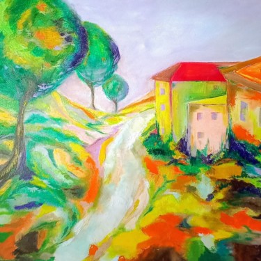 Painting titled "paysage d'occitanni…" by Christine Desplanque, Original Artwork, Oil Mounted on Wood Stretcher frame